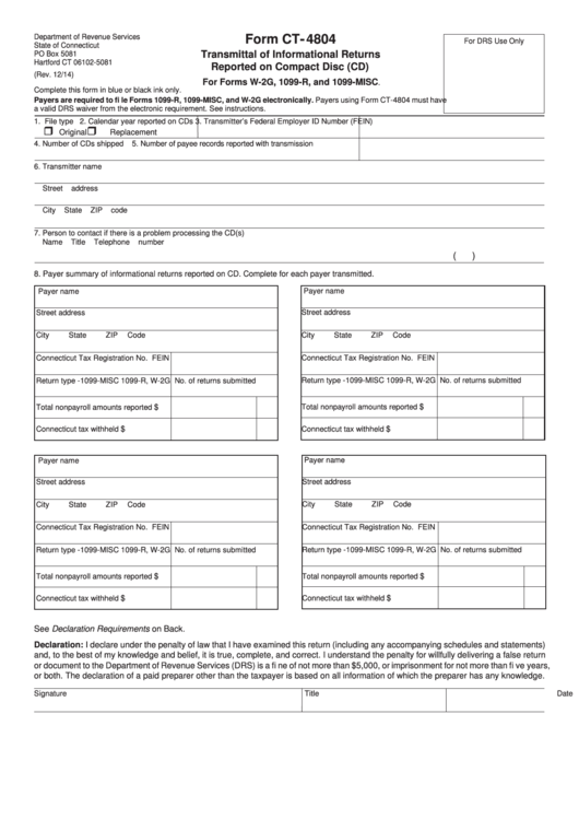 Form Ct-4804 - Transmittal Of Informational Returns Reported On Compact Disc (Cd) Printable pdf