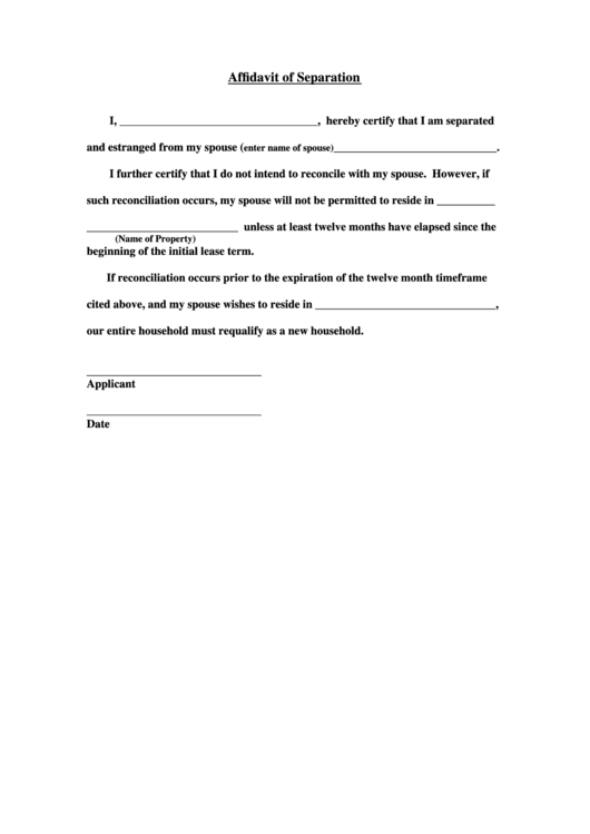 Affidavit Of Separation Form Printable pdf