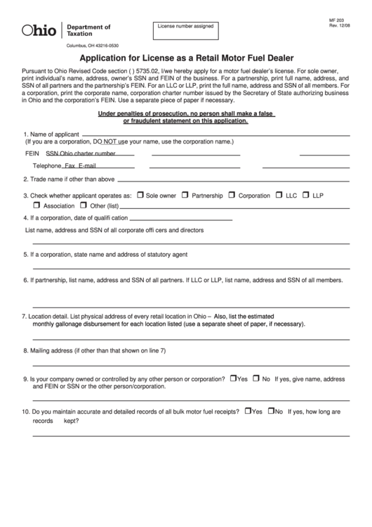 Fillable Form Mf 203 - Application Form For License As A Retail Motor Fuel Dealer - Ohio Department Of Taxation Printable pdf