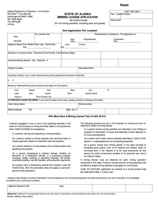 Fillable Form 04-661 Mining License Application Printable pdf
