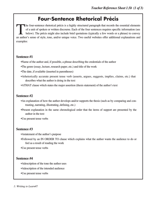 Four-Sentence Rhetorical Precis Worksheet Printable pdf