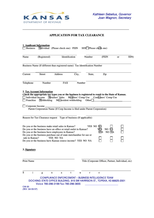 Fillable Form Cm-20 - Application For Tax Clearance Printable pdf