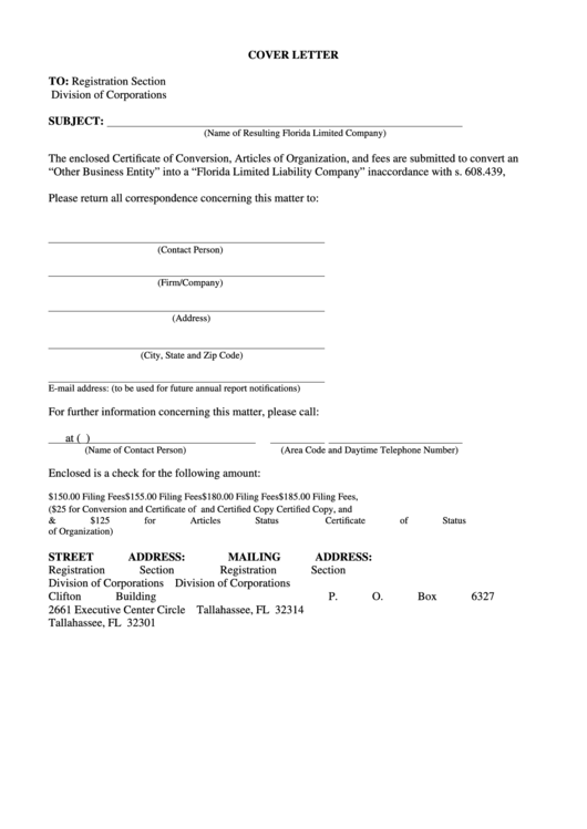 Fillable Cover Letter Template Registration Section Division Of Corporations Printable pdf