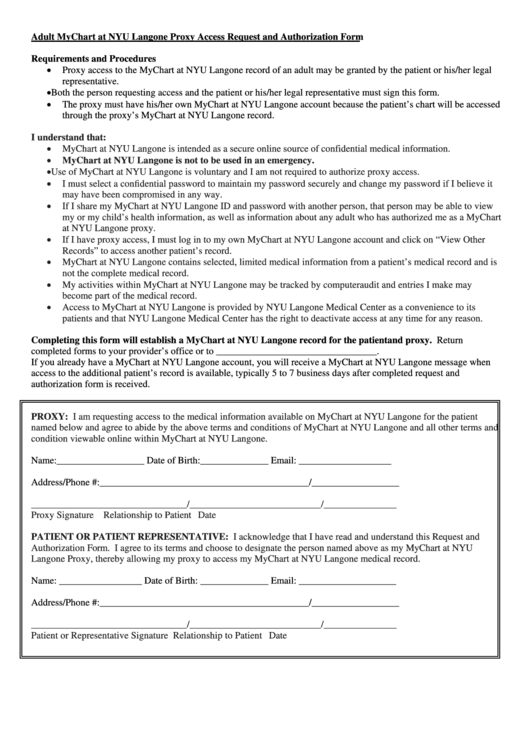 Adult Mychart At Nyu Langone Proxy Access Request And Authorization Form Printable pdf