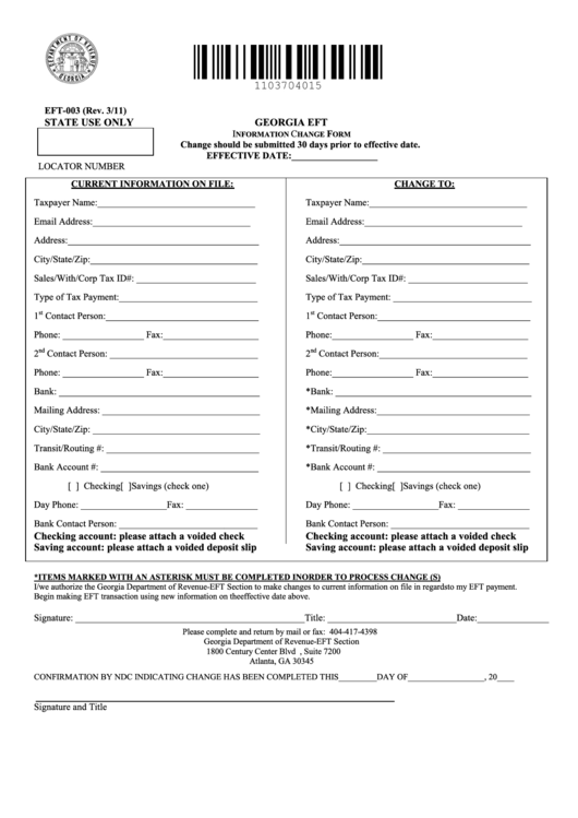 Fillable Form Eft-003 - Georgia Eft Information Change Form - 2011 Printable pdf