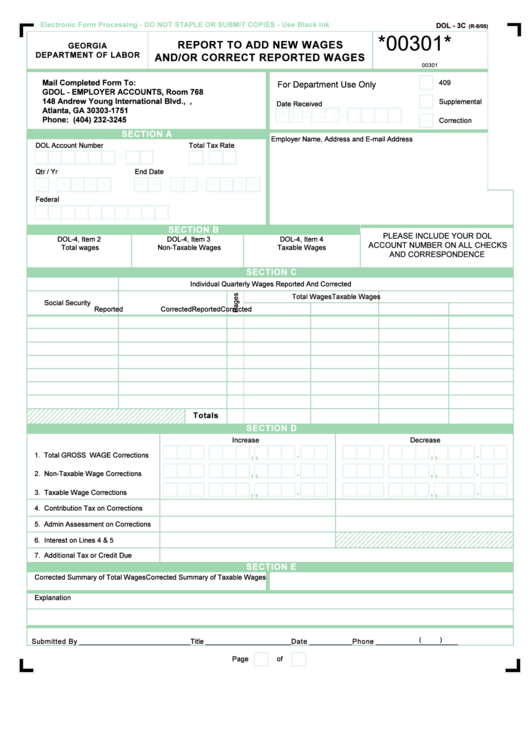 Form Dol-3c Report To Add New Wages And/or Correct Reported Wages Printable pdf