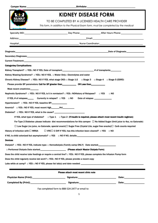 Kidney Disease Form Printable pdf