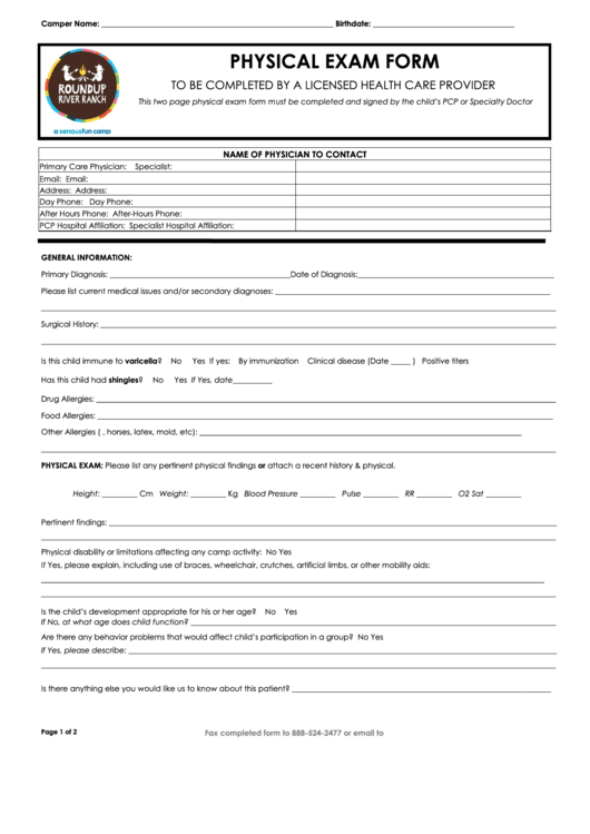 Physical Exam Form Printable pdf