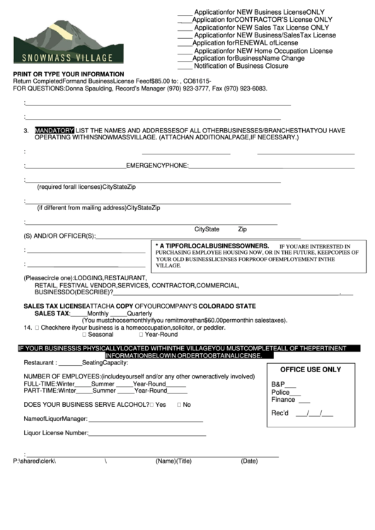 Business License Application Form - Snowmass Village Printable pdf