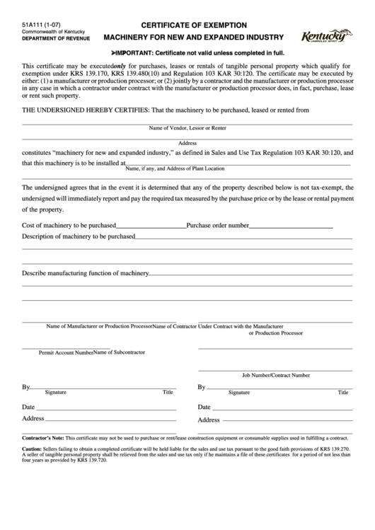 Form 51a111 - Certificate Of Exemption, Machinery For New And Expanded Industry - 2007 Printable pdf