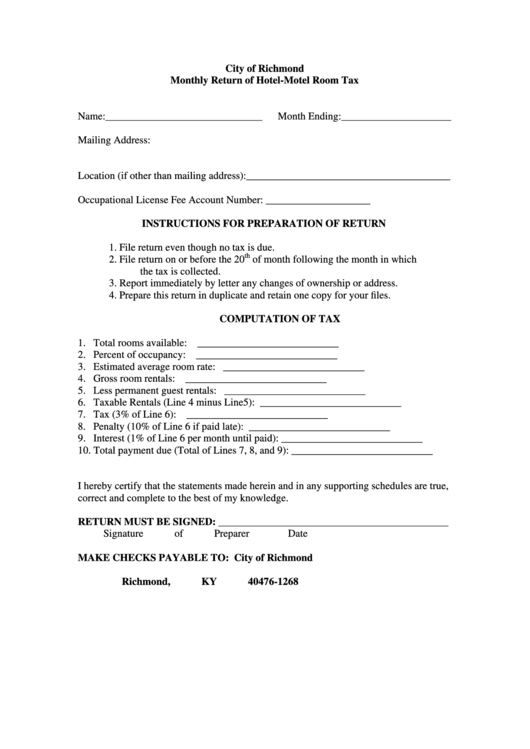 Fillable Monthly Return Of Hotel-Motel Room Tax Form - City Of Richmond Printable pdf