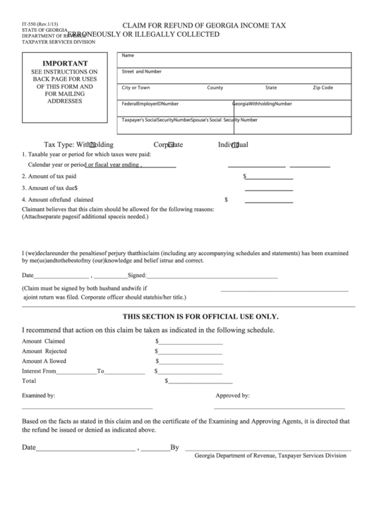 Fillable Form It-550 Claim For Refund Of Georgia Income Tax Erroneously Or Illegally Collected Printable pdf