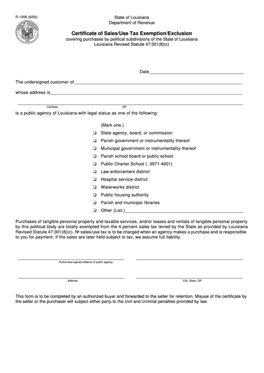 Fillable Form R-1056 - Certificate Of Sales/use Tax Exemption/exclusion Printable pdf