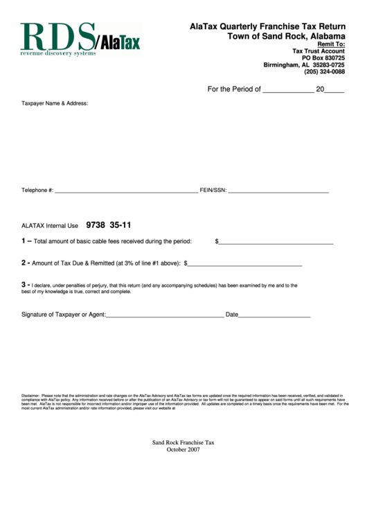 Alatax Quarterly Franchise Tax Return Form - Town Of Sand Rock Printable pdf