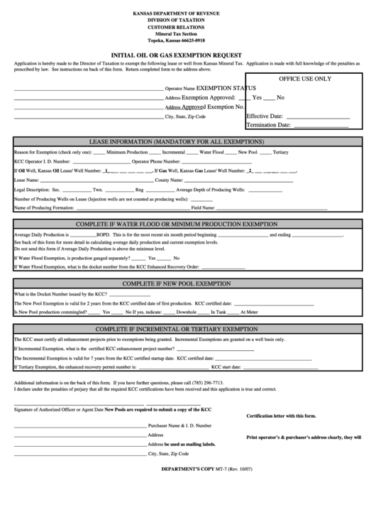 Form Mt-7 - Initial Oil Or Gas Exemption Request Printable pdf