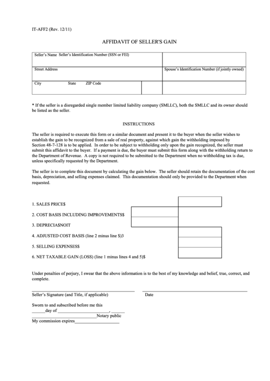 Form It-aff2 - Affidavit Of Seller's Gain