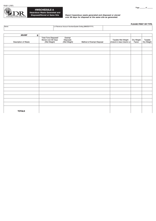 Fillable Form R-5211 Hw Schedule A Hazardous Waste Generated And Disposed/stored At Same Site Printable pdf