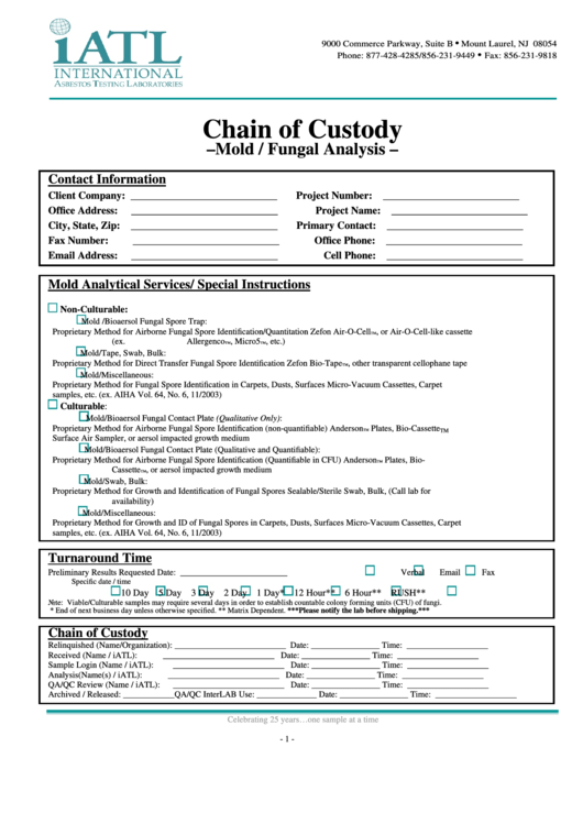 Fillable Chain Of Custody Form printable pdf download
