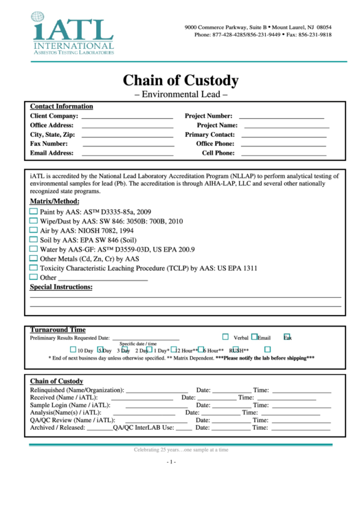 Fillable Chain Of Custody Form printable pdf download