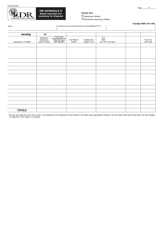 Fillable Form R-5215 Hw Schedule E Waste Imported Into Louisiana For Disposal Printable pdf
