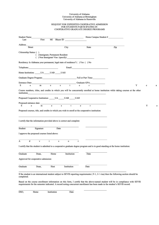 Fillable Request For Expedited Cooperative Admission For Students Participating In Cooperative Graduate Degree Programs Form Printable pdf