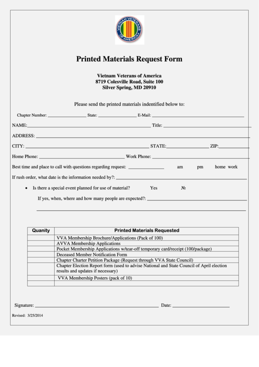 Fillable Printed Materials Request Form Printable pdf