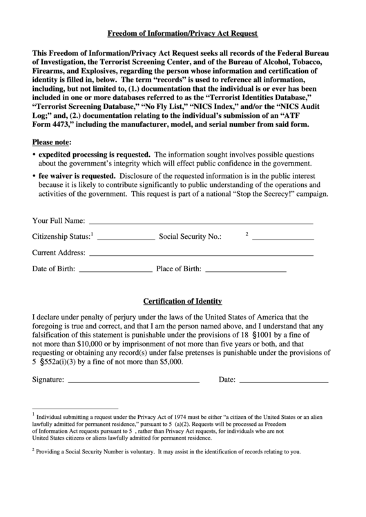 Fillable Freedom Of Information/privacy Act Request Printable pdf