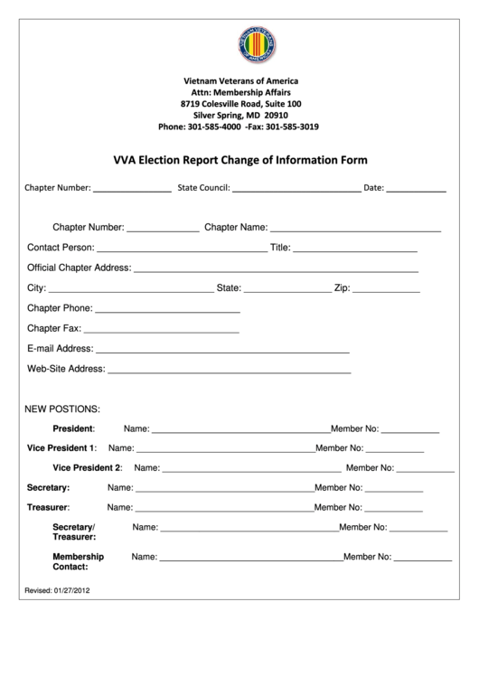 Fillable Vva Election Report Change Of Information Form Printable pdf