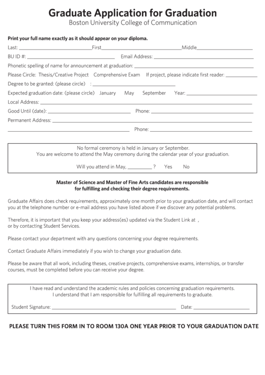 Fillable Graduate Application For Graduation Form Printable pdf