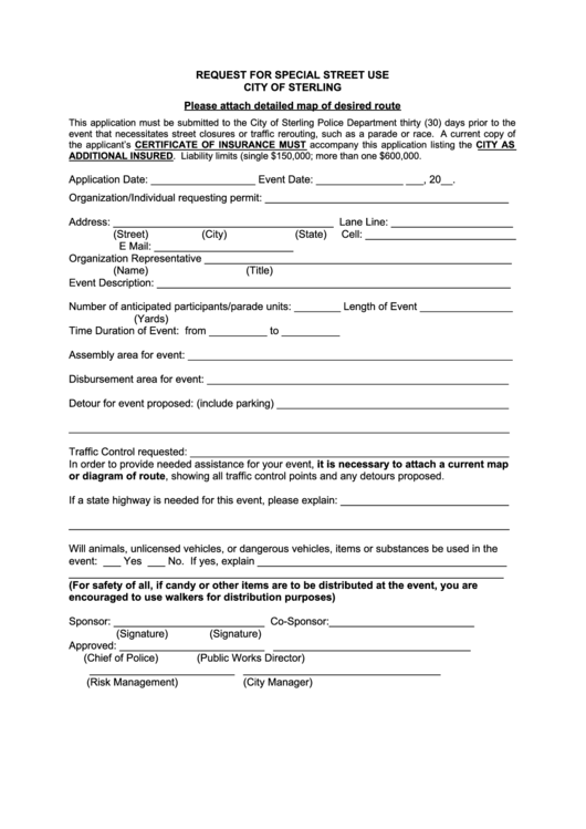 Request For Special Street Use Form Printable pdf