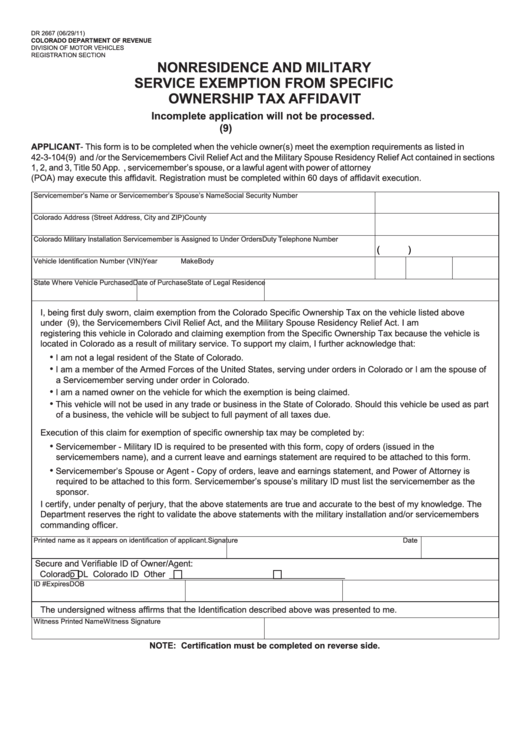 Fillable Nonresidence And Military Service Exemption From Specific Ownership Tax Affidavit Form Printable pdf
