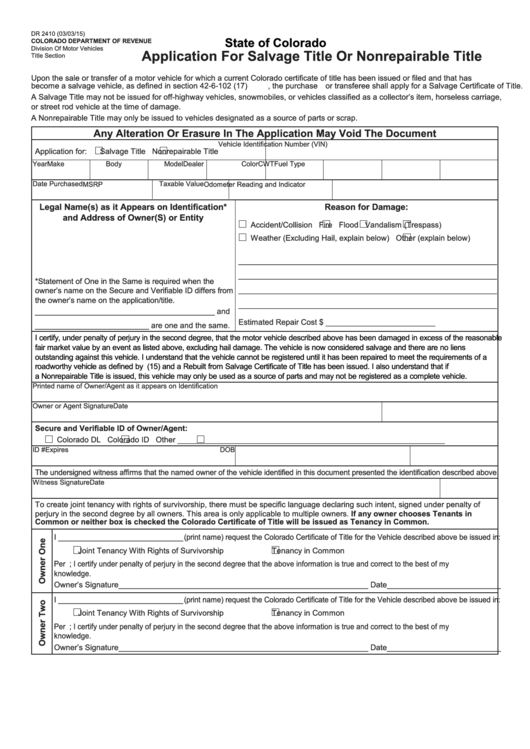 Fillable Dr 2410 - Application For Salvage Title Or Nonrepairable Title Form Printable pdf