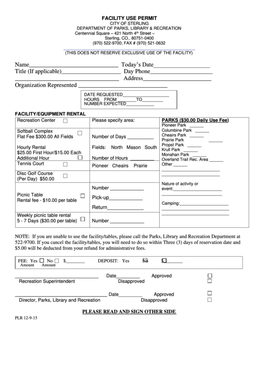 Plr 12-9-15 - Facility Use Permit Form Printable pdf