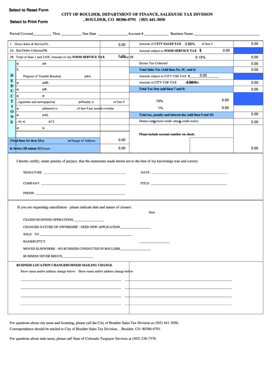 Fillable Sales Tax Return Form - City Of Boulder Finance Department Printable pdf