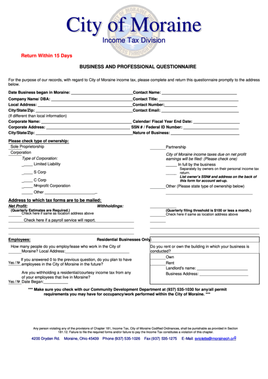 Business And Professional Questionnaire Form Printable pdf