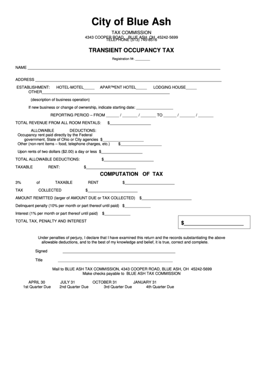 Transient Occupancy Tax Form Printable pdf