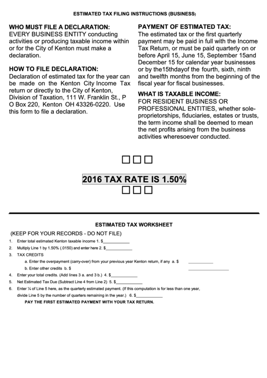 Estimated Tax Worksheet printable pdf download