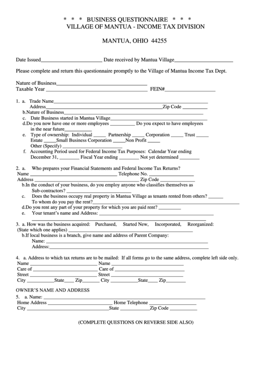Business Questionnaire Form Printable pdf