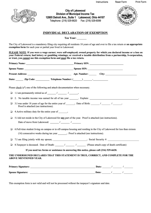 Fillable Individual Declaration Of Exemption Form Printable pdf
