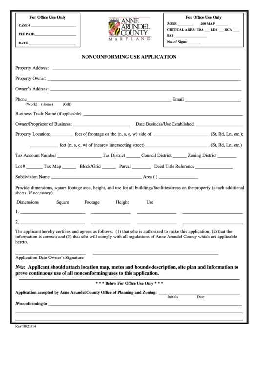 Non-Conforming Use Application Form - Anne Arundel County Maryland Printable pdf