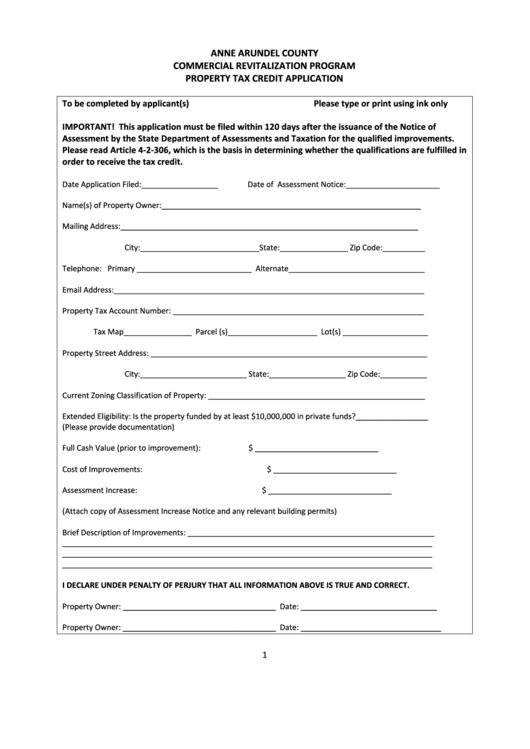 Property Tax Credit Application Form - Anne Arundel County Commercial Revitalization Program Printable pdf