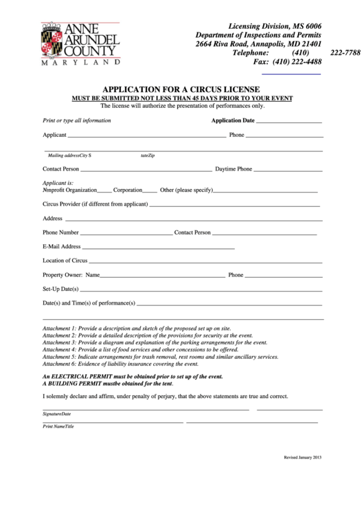 Fillable Circus License Application Form - Department Of Inspections And Permits, Anne Arundel County Maryland Printable pdf