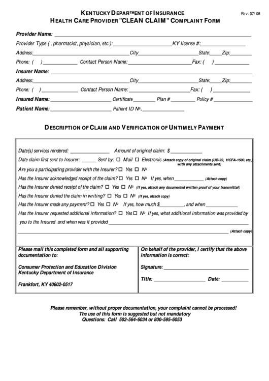 Healthcare Provider Clean Claim Complaint Form - Kentucky Department Of Insurance Printable pdf