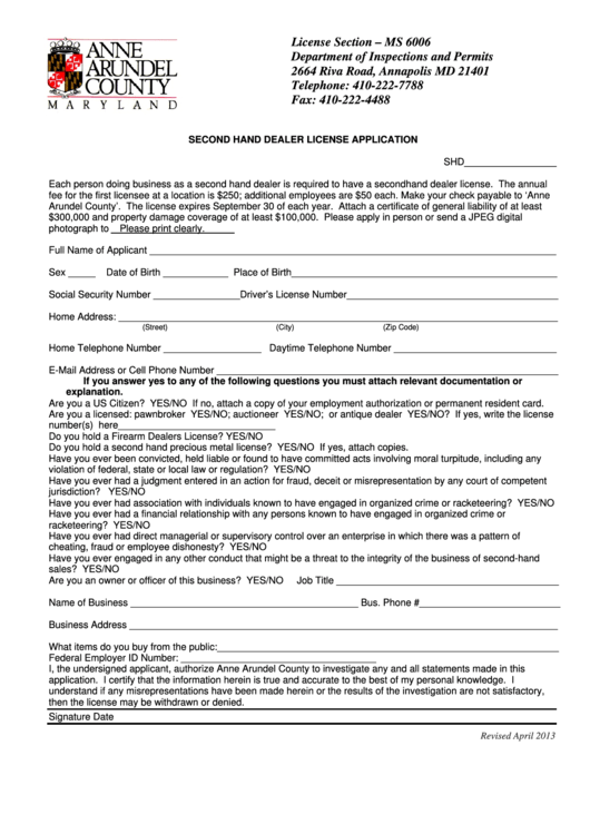 Fillable Second Hand Dealer License Application Form - Department Of Inspections And Permits - Anne Arundel County Maryland Printable pdf