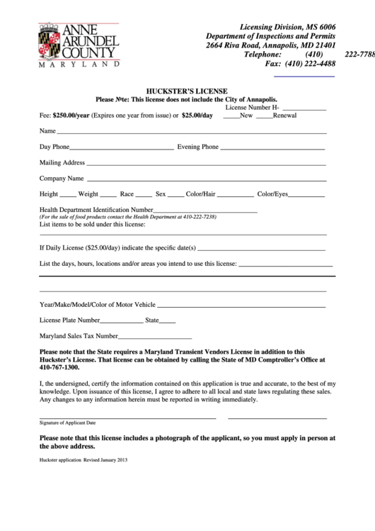Fillable Huckster License Application Form - Department Of Inspections And Permits - Anne Arundel County Maryland Printable pdf