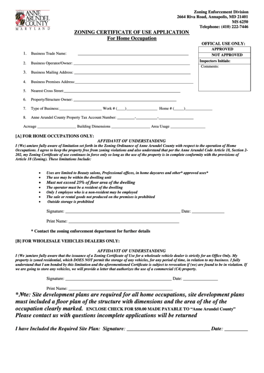 Fillable Home Occupation Certificate Of Use Application Form - Zoning Enforcement Division - Anne Arundel County Maryland Printable pdf
