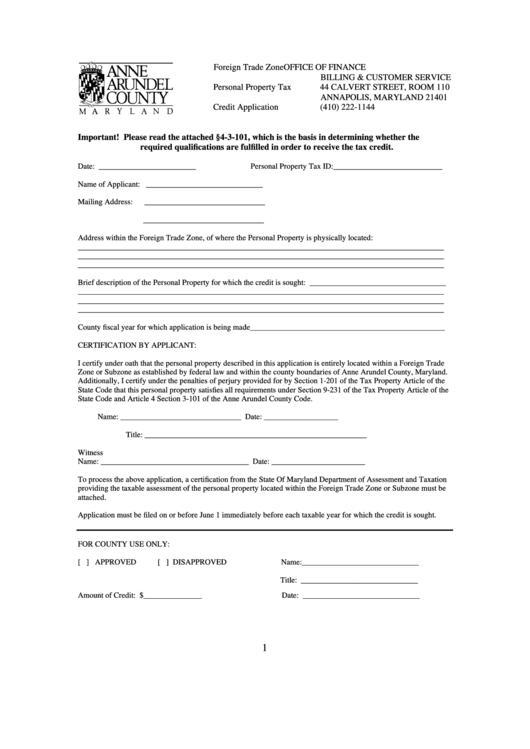 Foreign Trade Zone Personal Property Tax Credit Application Form - Office Of Finance - Anne Arundel County Maryland Printable pdf