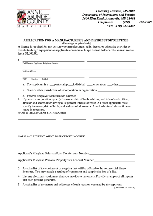 Fillable Bingo Manufacturer And Distributor License Application Form - Department Of Inspections And Permits - Anne Arundel County Maryland Printable pdf