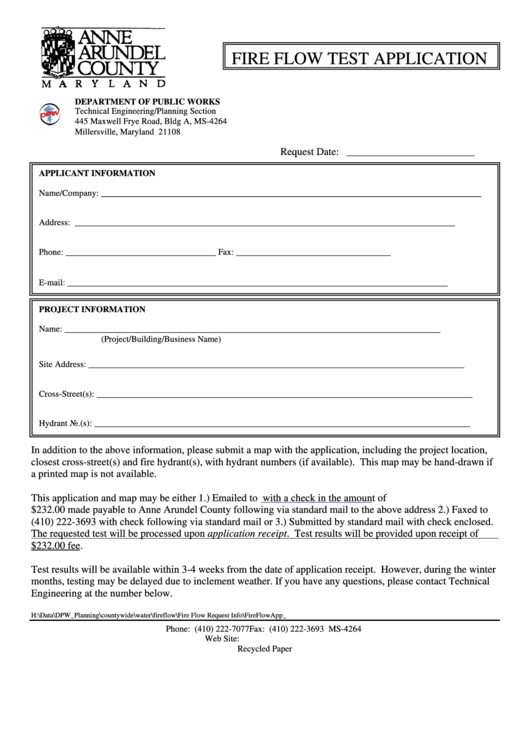 Fillable Fire Flow Test Application Form - Anne Arundel County Maryland Printable pdf