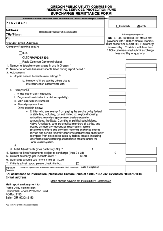 Puc Form 751 (31000) - Surcharge Permittance Form - Oregon Public Utility Commission Printable pdf